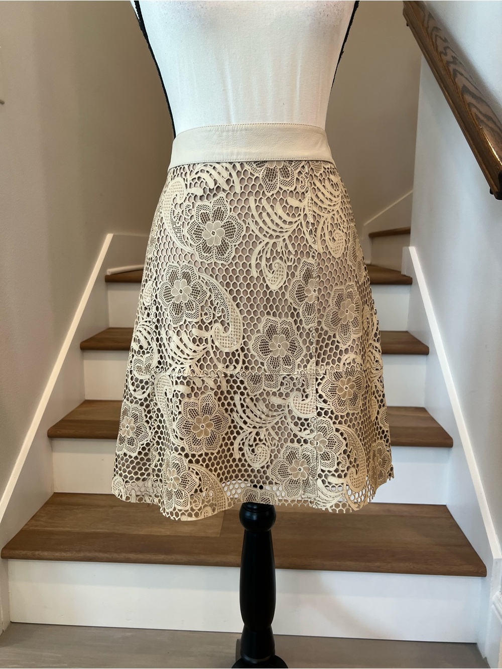 Real Leather Floral Pattern  A-Line Skirt